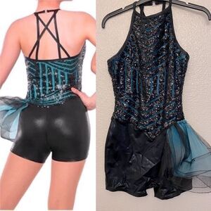 Dance Costume jazz teal black dress sequin J4955 Adult Small SA